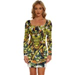 Cowboy Skeleton With Gun Illustration Long Sleeve Square Neck Bodycon Velvet Dress