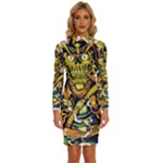 Cowboy Skeleton With Gun Illustration Long Sleeve Shirt Collar Bodycon Dress