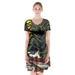 Grim Reaper Above Art  Monster Moon Letter Poster Short Sleeve V-neck Flare Dress