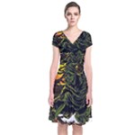 Grim Reaper Above Art  Monster Moon Letter Poster Short Sleeve Front Wrap Dress