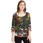 Grim Reaper Above Art  Monster Moon Letter Poster Chiffon Quarter Sleeve Blouse