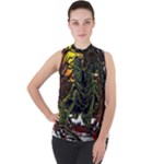 Grim Reaper Above Art  Monster Moon Letter Poster Mock Neck Chiffon Sleeveless Top