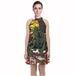 Grim Reaper Above Art  Monster Moon Letter Poster Velvet Halter Neckline Dress 