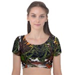 Grim Reaper Above Art  Monster Moon Letter Poster Velvet Short Sleeve Crop Top 