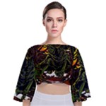 Grim Reaper Above Art  Monster Moon Letter Poster Tie Back Butterfly Sleeve Chiffon Top