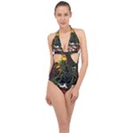 Grim Reaper Above Art  Monster Moon Letter Poster Halter Front Plunge Swimsuit