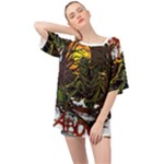 Grim Reaper Above Art  Monster Moon Letter Poster Oversized Chiffon Top