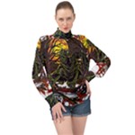Grim Reaper Above Art  Monster Moon Letter Poster High Neck Long Sleeve Chiffon Top