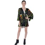 Grim Reaper Above Art  Monster Moon Letter Poster V-Neck Flare Sleeve Mini Dress