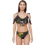 Grim Reaper Above Art  Monster Moon Letter Poster Ruffle Edge Tie Up Bikini Set	