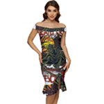 Grim Reaper Above Art  Monster Moon Letter Poster Off Shoulder Ruffle Split Hem Bodycon Dress