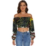 Grim Reaper Above Art  Monster Moon Letter Poster Long Sleeve Crinkled Weave Crop Top