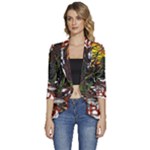Grim Reaper Above Art  Monster Moon Letter Poster Women s 3/4 Sleeve Ruffle Edge Open Front Jacket