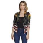 Grim Reaper Above Art  Monster Moon Letter Poster Women s Draped Front 3/4 Sleeve Shawl Collar Jacket