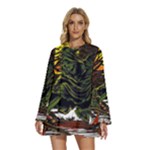 Grim Reaper Above Art  Monster Moon Letter Poster Round Neck Long Sleeve Bohemian Style Chiffon Mini Dress