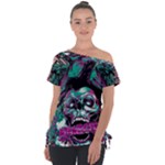Anarchy Skull And Birds Off Shoulder Tie-Up T-Shirt