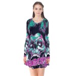 Anarchy Skull And Birds Long Sleeve V-neck Flare Dress