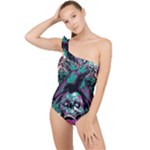 Anarchy Skull And Birds Frilly One Shoulder Swimsuit