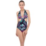 Anarchy Skull And Birds Halter Front Plunge Swimsuit