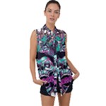 Anarchy Skull And Birds Sleeveless Chiffon Button Shirt