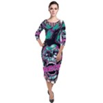 Anarchy Skull And Birds Quarter Sleeve Midi Velour Bodycon Dress