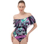 Anarchy Skull And Birds Off Shoulder Velour Bodysuit 