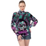 Anarchy Skull And Birds High Neck Long Sleeve Chiffon Top
