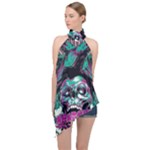 Anarchy Skull And Birds Halter Asymmetric Satin Top