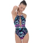 Anarchy Skull And Birds Plunge Cut Halter Swimsuit