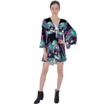 Anarchy Skull And Birds V-Neck Flare Sleeve Mini Dress