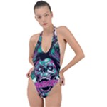 Anarchy Skull And Birds Backless Halter One Piece Swimsuit