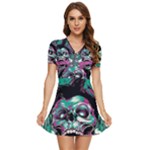 Anarchy Skull And Birds V-Neck High Waist Chiffon Mini Dress