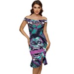 Anarchy Skull And Birds Off Shoulder Ruffle Split Hem Bodycon Dress