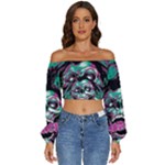 Anarchy Skull And Birds Long Sleeve Crinkled Weave Crop Top