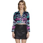 Anarchy Skull And Birds Long Sleeve Tie Back Satin Wrap Top