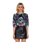 Anarchy Skull And Birds Mid Sleeve Drawstring Hem Top
