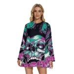 Anarchy Skull And Birds Round Neck Long Sleeve Bohemian Style Chiffon Mini Dress