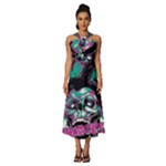 Anarchy Skull And Birds Sleeveless Cross Front Cocktail Midi Chiffon Dress