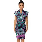 Anarchy Skull And Birds Vintage Frill Sleeve V-Neck Bodycon Dress