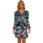 Anarchy Skull And Birds Long Sleeve Waist Tie Ruffle Velvet Dress