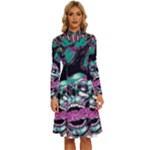Anarchy Skull And Birds Long Sleeve Shirt Collar A-Line Dress
