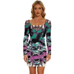 Anarchy Skull And Birds Long Sleeve Square Neck Bodycon Velvet Dress