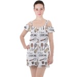 I Love Cooking Baking Utensils Knife Ruffle Cut Out Chiffon Playsuit