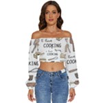 I Love Cooking Baking Utensils Knife Long Sleeve Crinkled Weave Crop Top