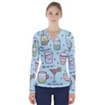 Drinks Cocktails Doodle Coffee V-Neck Long Sleeve Top