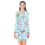 Drinks Cocktails Doodle Coffee Long Sleeve V-neck Flare Dress