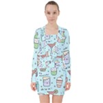 Drinks Cocktails Doodle Coffee V-neck Bodycon Long Sleeve Dress