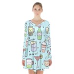 Drinks Cocktails Doodle Coffee Long Sleeve Velvet V-neck Dress