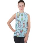 Drinks Cocktails Doodle Coffee Mock Neck Chiffon Sleeveless Top