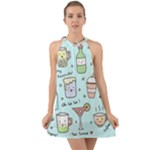Drinks Cocktails Doodle Coffee Halter Tie Back Chiffon Dress